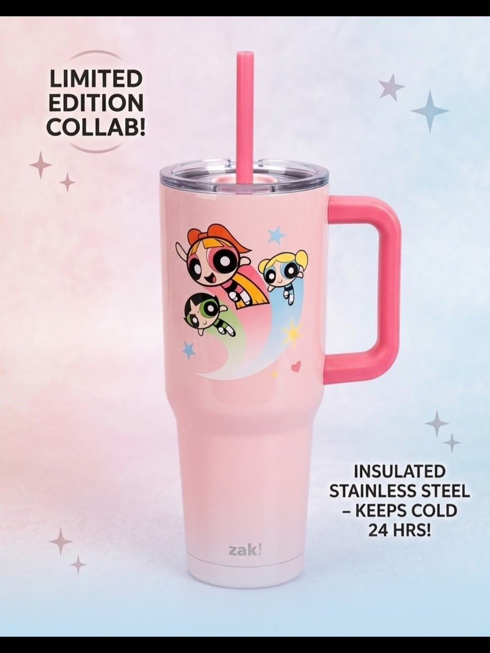 Zak! Powerpuff Girls Pink Insulated Kids Travel Tumbler with Handle and Straw